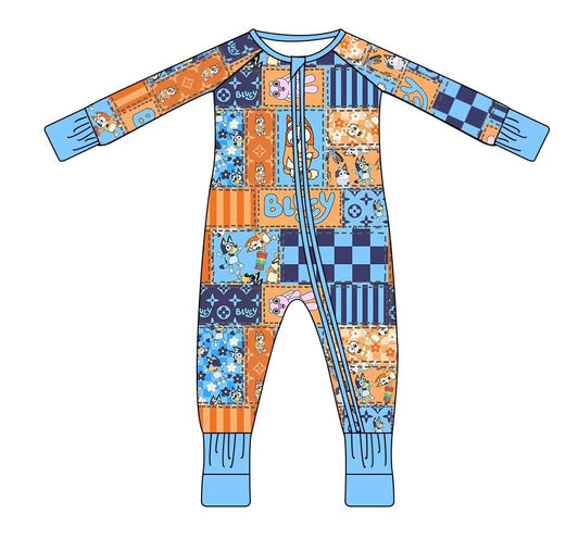 Blue and Orange Pups Patchwork Zippy